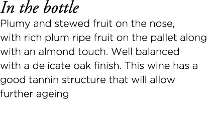 In the bottle Plumy and stewed fruit on the nose, with rich plum ripe fruit on the pallet along with an almond touch    