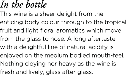 In the bottle This wine is a sheer delight from the enticing body colour through to the tropical fruit and light flor   