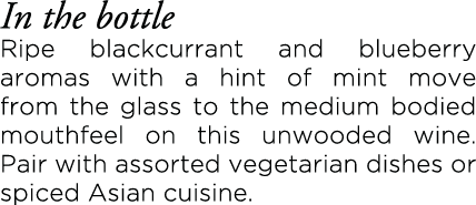 In the bottle Ripe blackcurrant and blueberry aromas with a hint of mint move from the glass to the medium bodied mou   